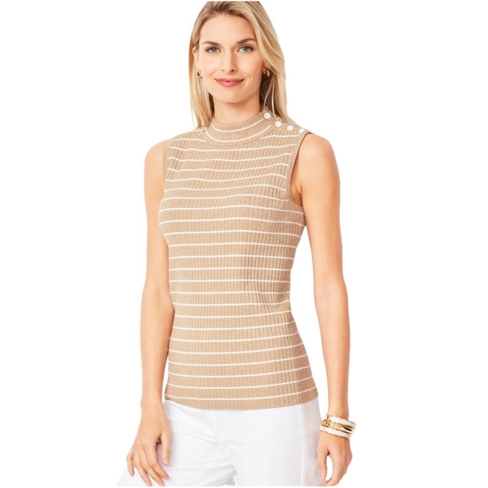 TALBOTS Shimmer SLEEVELESS RIBBED SWEATER Mock Neck‎ Buttons Brown/White M